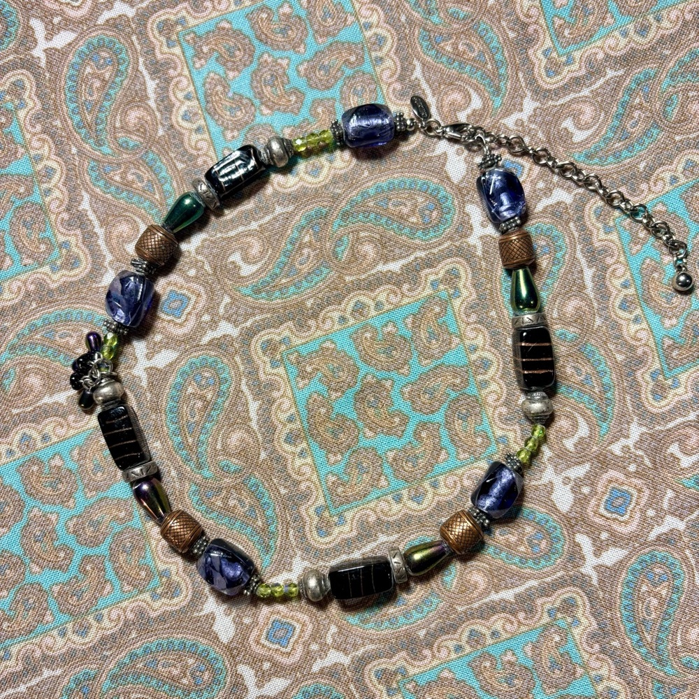 Vintage Chico’s Purple Beaded Artisanal Necklace 💜 Glass, Metal, Copper, Crystal